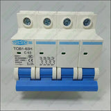 63A Tomzn TOB1-63H4P AC MCB C Type 230/400V~ 50Hz/60Hz 63A Mini Circuit Breaker - a white and blue four-pole miniature circuit breaker with a front-facing toggle switch and terminal screws on top.