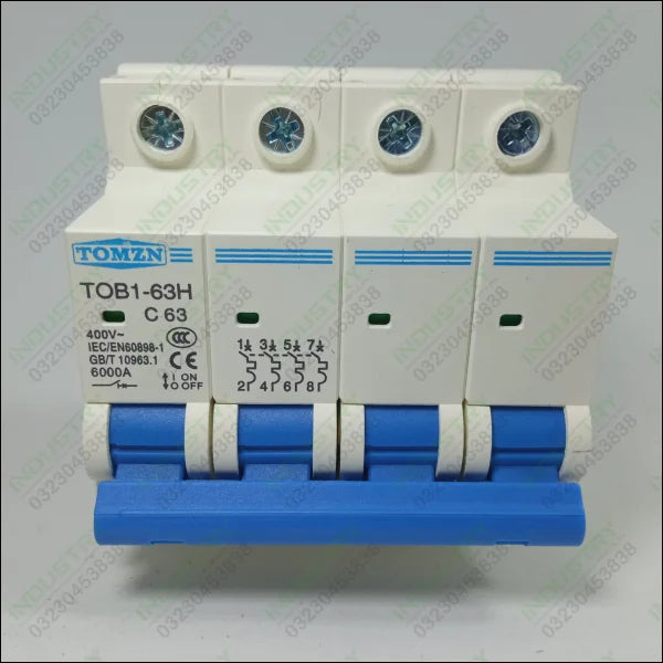 63A Tomzn TOB1-63H4P AC MCB C Type 230/400V~ 50Hz/60Hz 63A Mini Circuit Breaker - a white and blue four-pole miniature circuit breaker with a front-facing toggle switch and terminal screws on top.