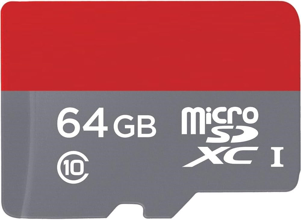 64GB Class 10 Ultra Micro SD Memory Card - shown as a rectangular grey and red card with 64GB, MicroSDXC I, and a class 10 symbol printed on the front.