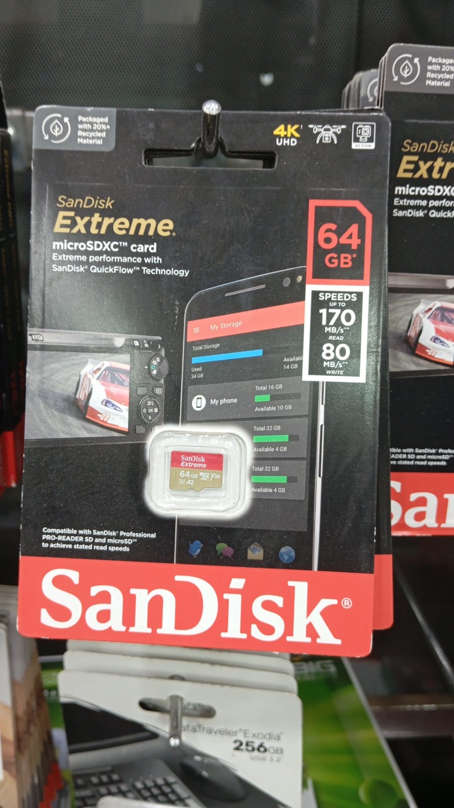 64GB Sandisk Extreme V30 A2 SD Card For Raspberry Pi - the memory card inside a clear plastic blister pack on a printed card backing.
