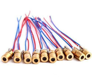 650nm 6mm 3V 5mW Laser Dot Diode Laser Diode - a row of ten small brass-cased laser modules, each with a pair of red and blue wires attached.