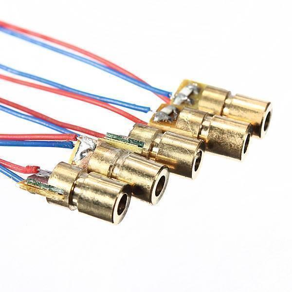 650nm 6mm 3V 5mW Laser Dot Diode Laser Diode - a group of five small brass-colored cylindrical laser modules with red and blue wires attached.