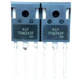 650V, 75A KGF75N65 IGBT, TO-247, 75N65KDF KGF75N65KDF - two black TO-247 electronic components with three metal pins each, shown side-by-side against a white background.