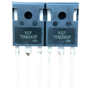 650V, 75A KGF75N65 IGBT, TO-247, 75N65KDF KGF75N65KDF - two black TO-247 electronic components with three metal pins each, shown side-by-side against a white background.