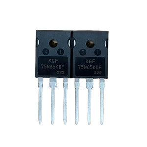 650V, 75A KGF75N65 IGBT, TO-247, 75N65KDF KGF75N65KDF - two black TO-247 packaged electronic components with three metal pins each, positioned side-by-side on a white background.