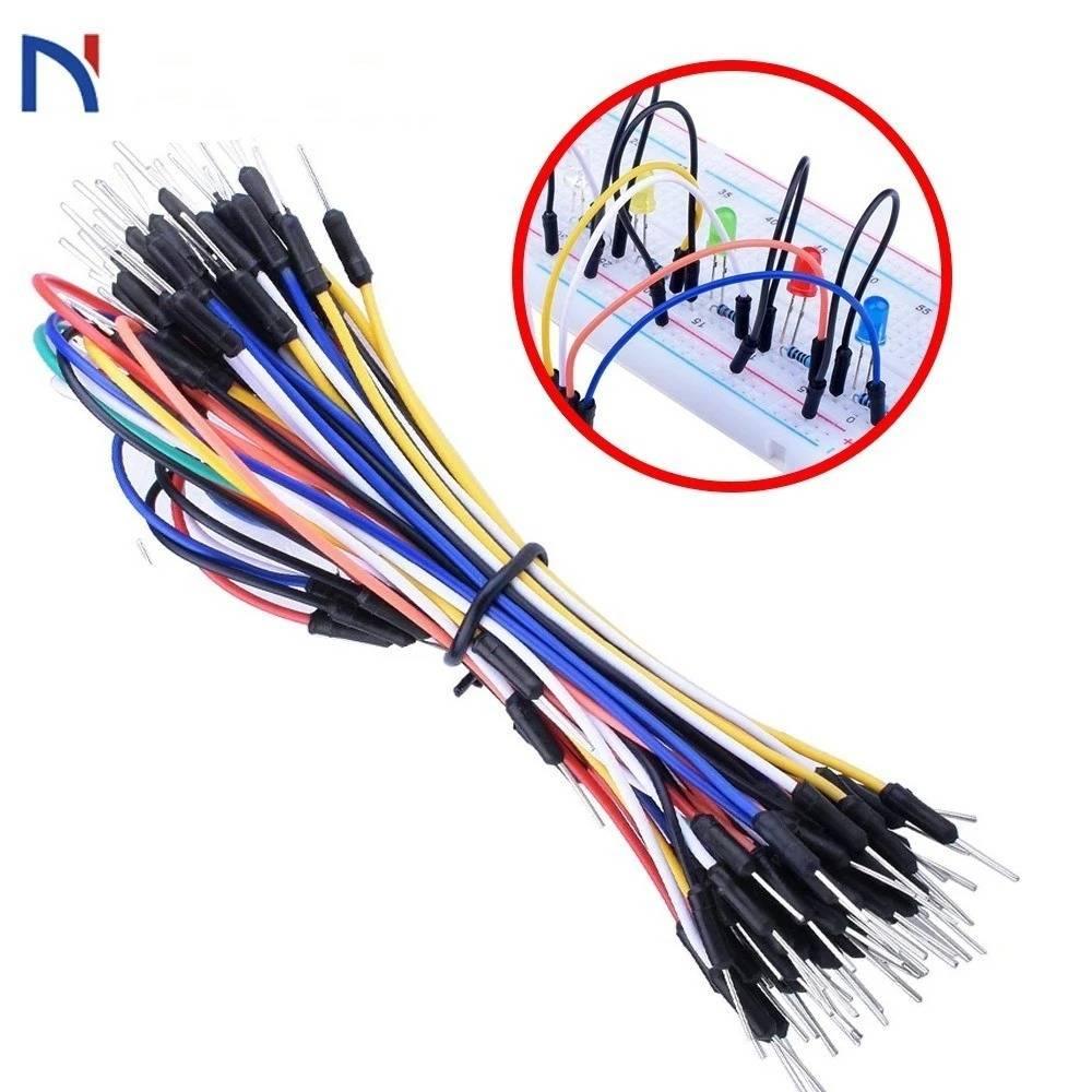 65pcs Jump Wire Cable Male To Male Jumper Wire For Arduino Breadboard 1 Bag - a bundle of multi-colored wires with male connectors and an inset showing them used on a breadboard.