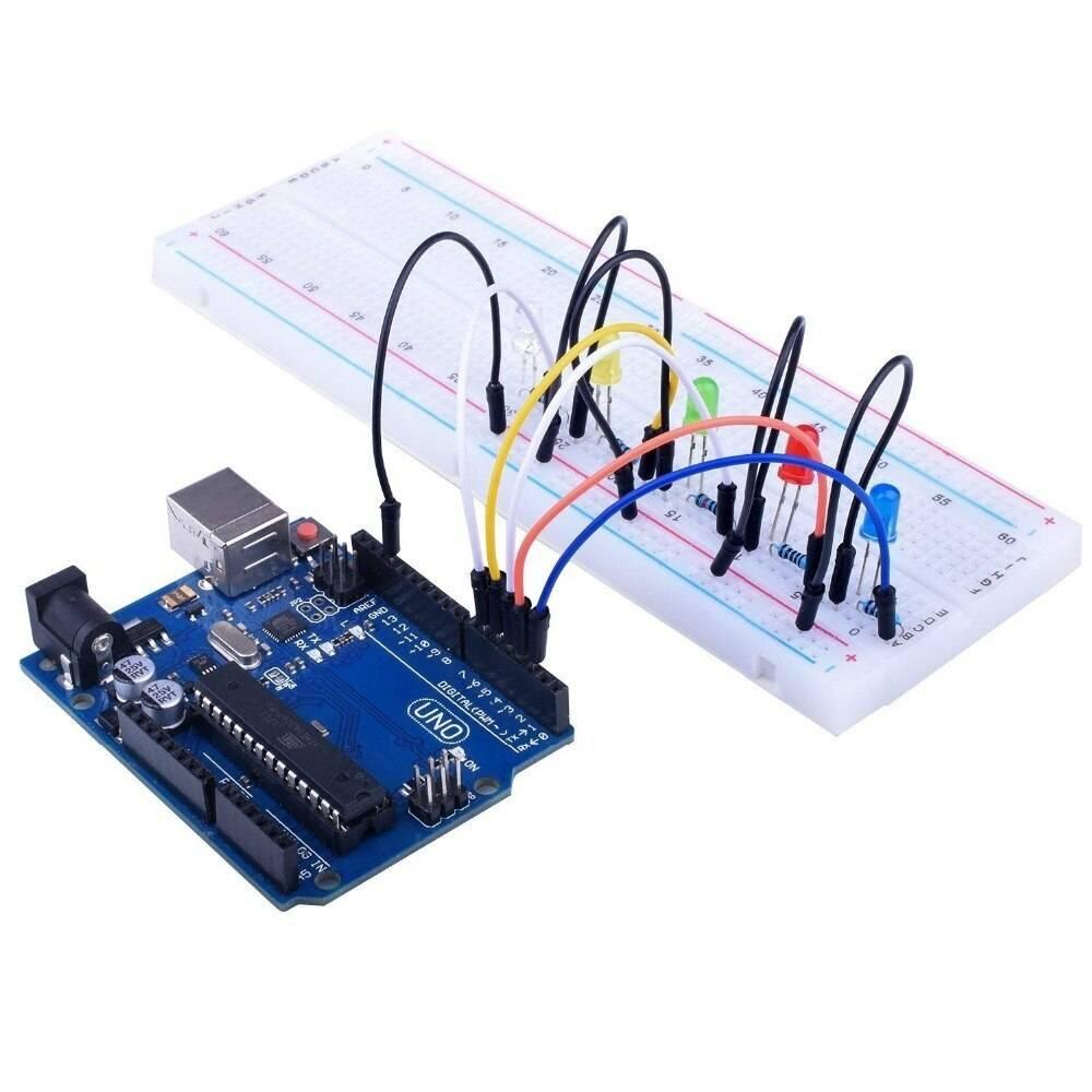65pcs Jump Wire Cable Male To Male Jumper Wire For Arduino Breadboard 1 Bag - shown connecting an Arduino Uno board to a breadboard with five LEDs.