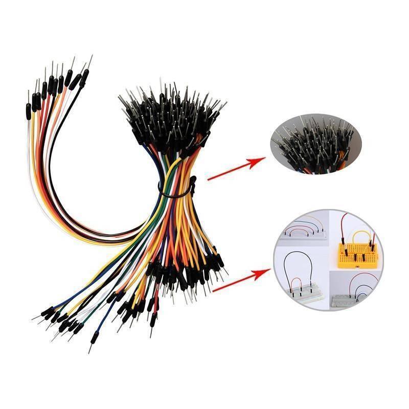 65pcs Jump Wire Cable Male To Male Jumper Wire For Arduino Breadboard 1 Bag - shown as a bundle of multi-coloured wires with close-up and breadboard usage insets.