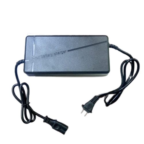 67.2V 5A Li-ion Battery Charger - a black rectangular power brick with an attached AC power cord, a two-pin plug, and a two-pin output connector.