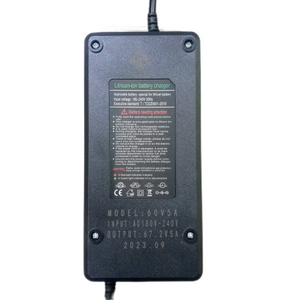 67.2V 5A Li-ion Battery Charger - a rectangular black power adapter with a label showing technical specifications and safety instructions.