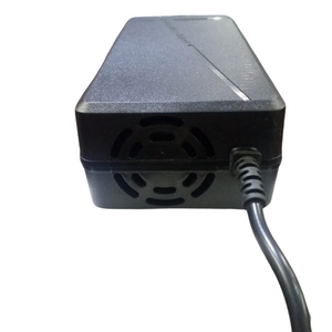 67.2V 5A Li-ion Battery Charger - a black rectangular power adapter with a circular cooling fan vent and an attached power cable.
