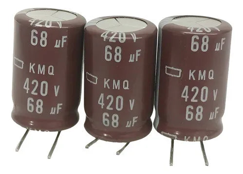 68µF 400V Electrolytic Capacitor - three brown cylindrical electrolytic capacitors with two metal leads each, showing 68µF and 420V printed on the body.
