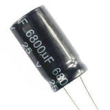 6800uF 25V Electrolytic Capacitor - a black cylindrical electronic component with two wire leads, printed with 6800uF and 25V specifications.