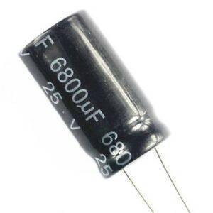 6800uF 25V Electrolytic Capacitor - a black cylindrical electronic component with two wire leads, printed with 6800uF and 25V specifications.