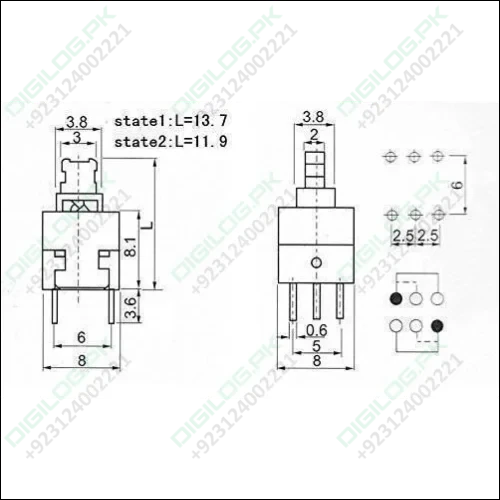 6 Pin Push Lock Button 7x7 Pcb Mount Dpdt Switch