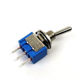 6A 3 pins on off on toggle switch - a blue rectangular switch with a silver metal lever and three pins, shown from an angled perspective.