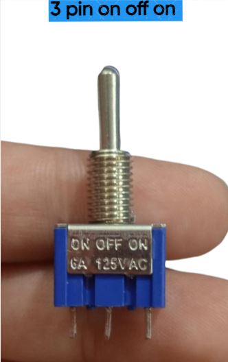 6A 3 pins on off on toggle switch - a metal lever, a threaded mounting shaft, and a blue base with three bottom pins.