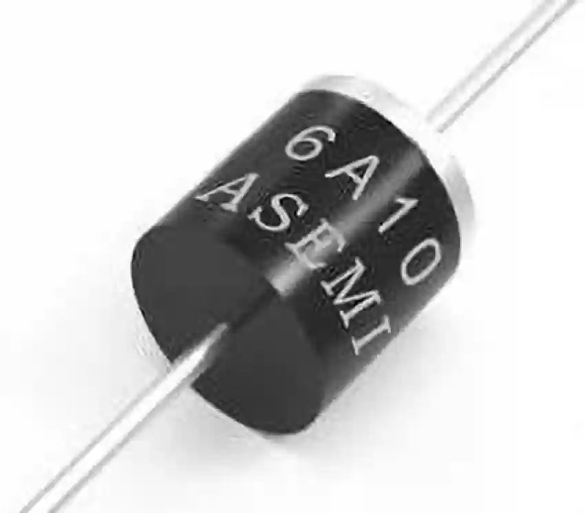 6A10 Diode - a black cylindrical electronic component with two metal leads and the text "6A10" and "ASEMI" printed on its side.