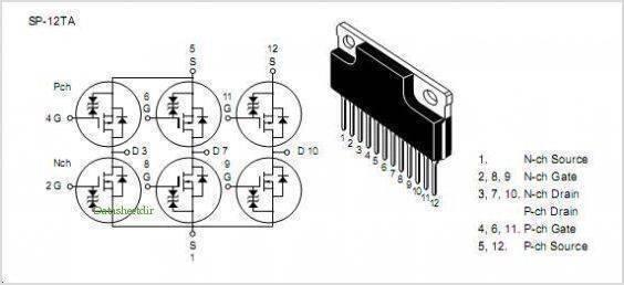 6AM13 Silicon N-channel/p-channel Complementary Power Mos FET Array - a technical schematic diagram and a 3D illustration of the 12-pin component with its corresponding pinout list.