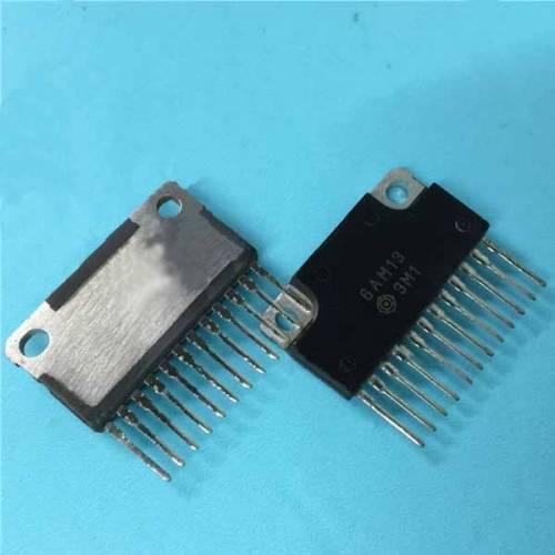 6AM13 Silicon N-channel/p-channel Complementary Power Mos FET Array - two black rectangular electronic components with metal heat sinks and multiple pins, shown from front and back on a blue surface.