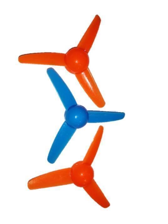 6cm Vane 3 Propeller For Small Motor - two orange and one blue three-bladed plastic propellers arranged vertically against a white background.