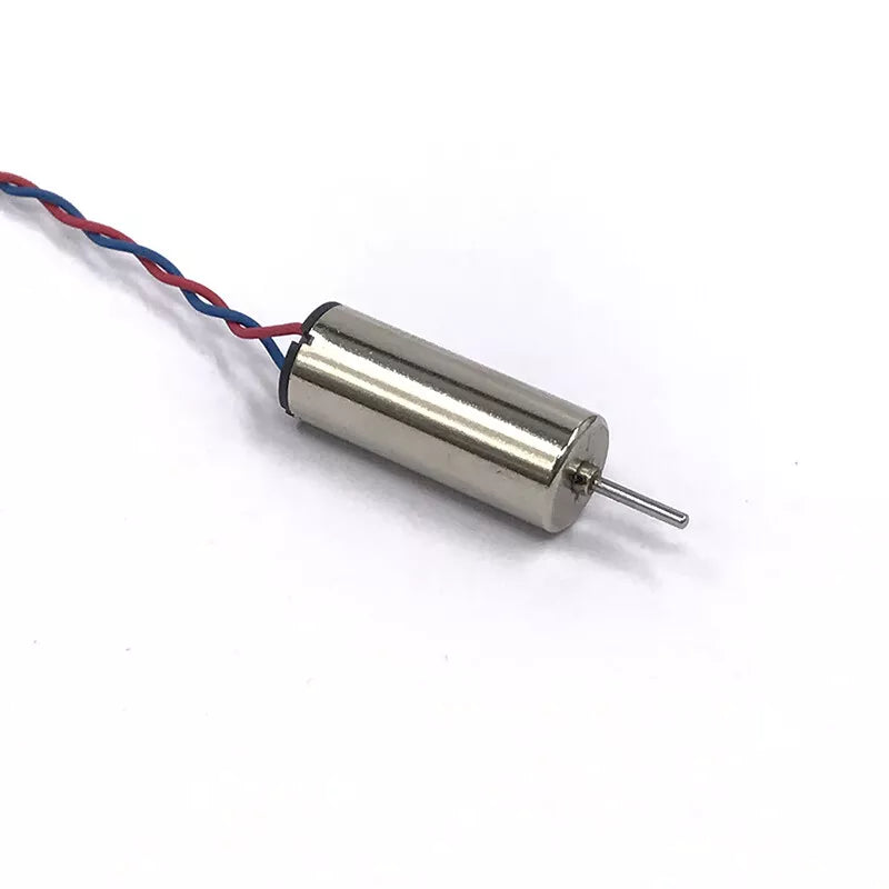 6mm Coreless DC Motor – 20mm Type Model NFP-D0620 - a small silver cylindrical motor with a metal shaft and red and blue twisted wires.