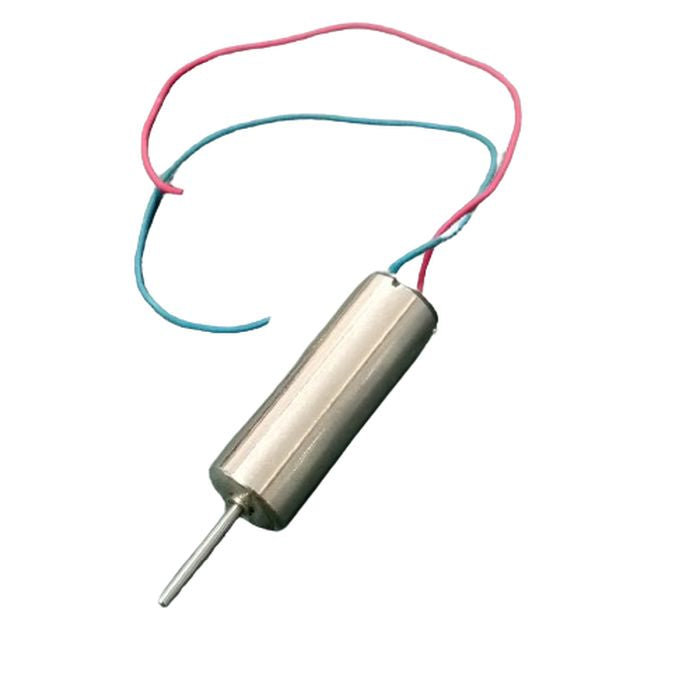 6mm Coreless DC Motor – 20mm Type Model NFP-D0620 - a cylindrical silver motor with a metal shaft and two attached red and blue wires.
