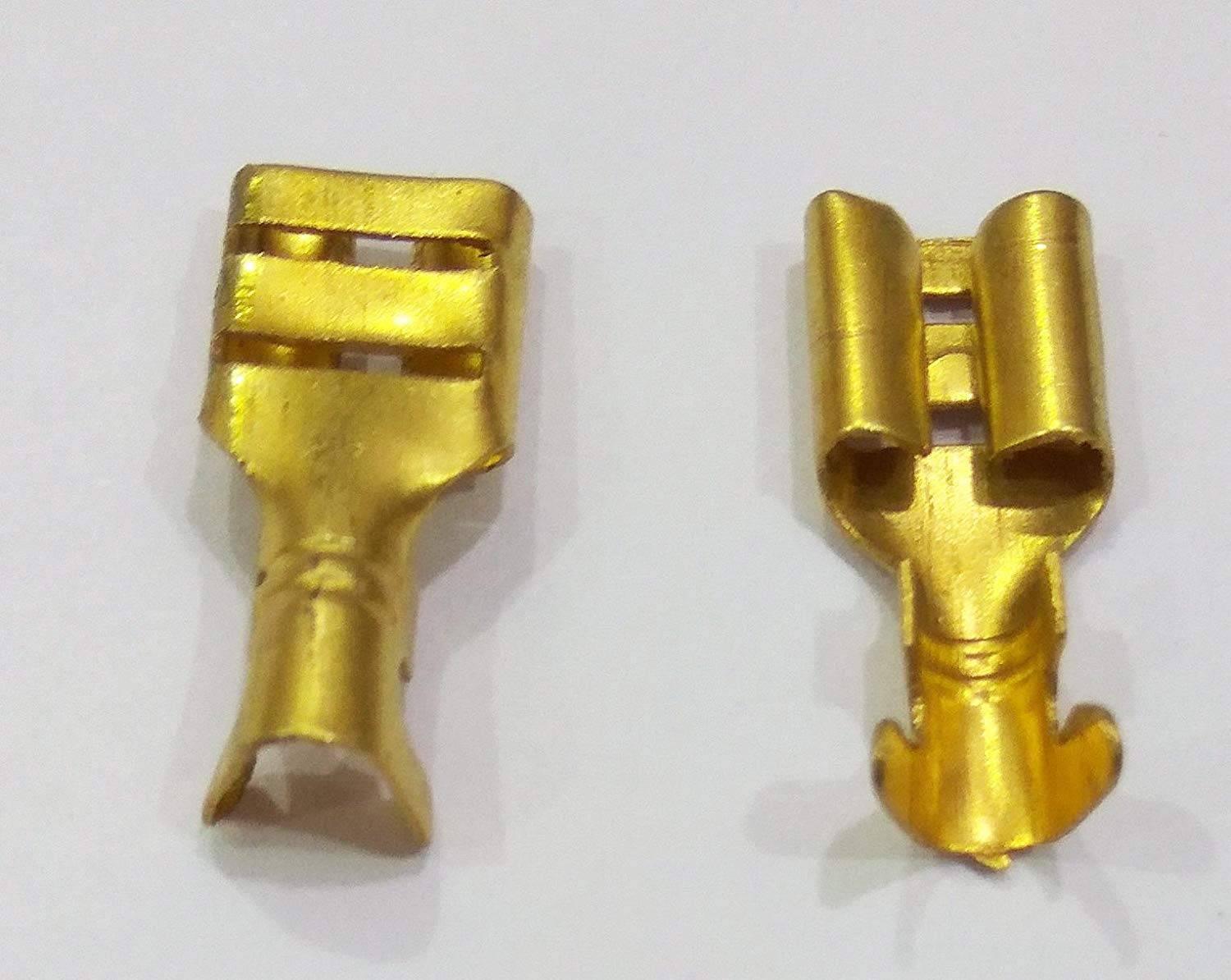 6mm Electrical Cable Thimble Golden Color - two golden-colored female spade crimp connectors viewed from the front and back against a white background.