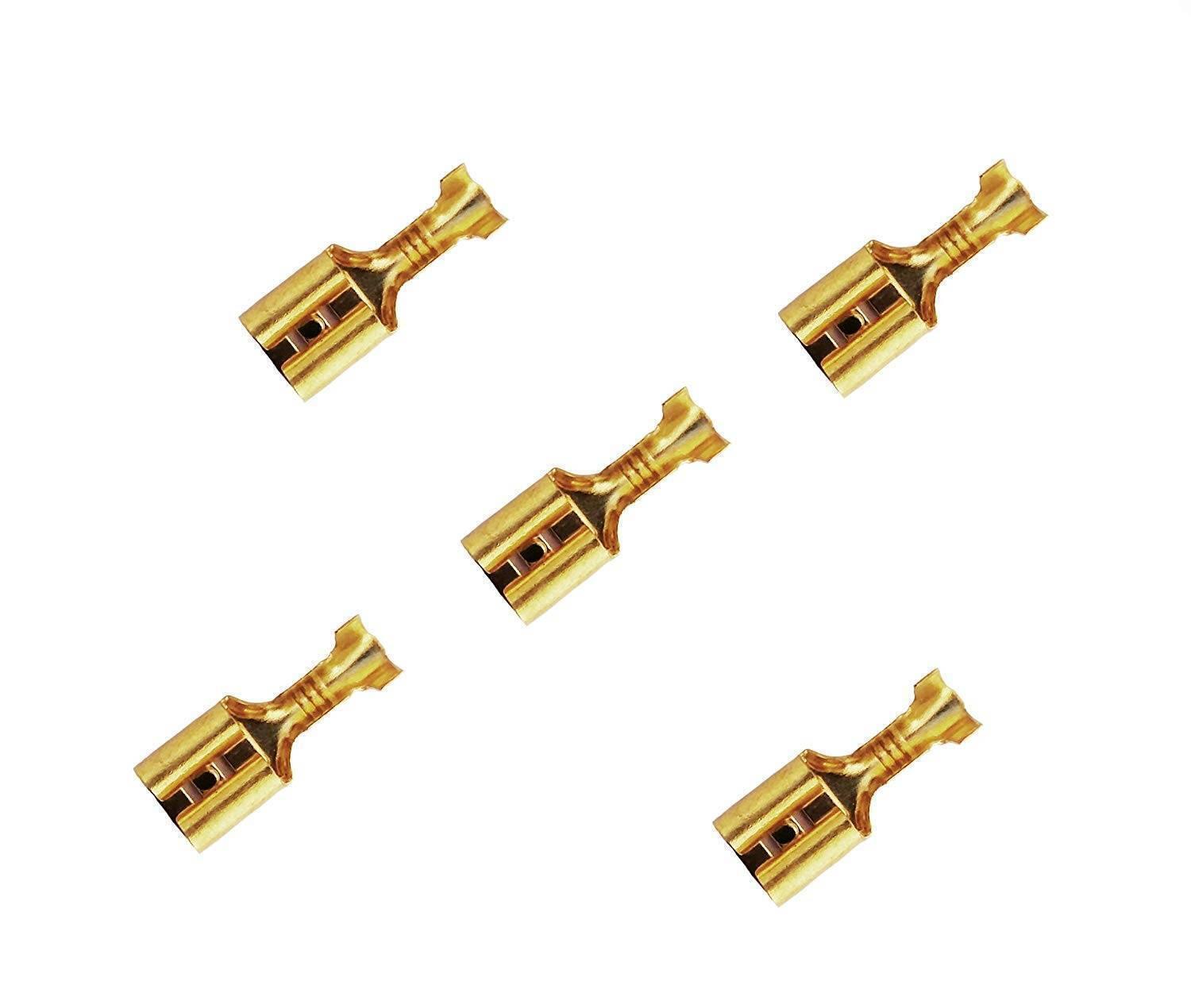 6mm Electrical Cable Thimble Golden Color - five golden-colored electrical female spade crimp connectors arranged against a white background.