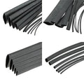6mm Heat Shrink Sleeve 1 meter - multiple black, flexible, tubular heat shrink sleeves of varying diameters arranged in different layouts.