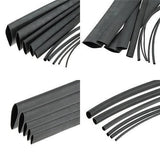 6mm Heat Shrink Sleeve 1 meter - multiple black, flexible, tubular heat shrink sleeves of varying diameters arranged in different layouts.