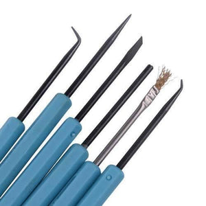 6pcs Solder Assist Disassembly Tools Kit Fit For BGA PCB Repair Rework Weld - six metal tools with light blue handles, including various pointed, flat, and wire brush tips.