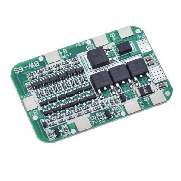 6s BMS 22.2V 12A Lithium Battery 6 Cells 18650 Charging Charger Protection Board Module - a green rectangular circuit board with multiple electronic components and labeled solder pads.