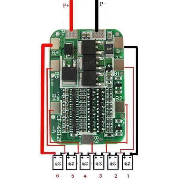 6s BMS 22.2V 12A Lithium Battery 6 Cells 18650 Charging Charger Protection Board Module - a green circuit board with labeled connection points and a wiring diagram for six battery cells.
