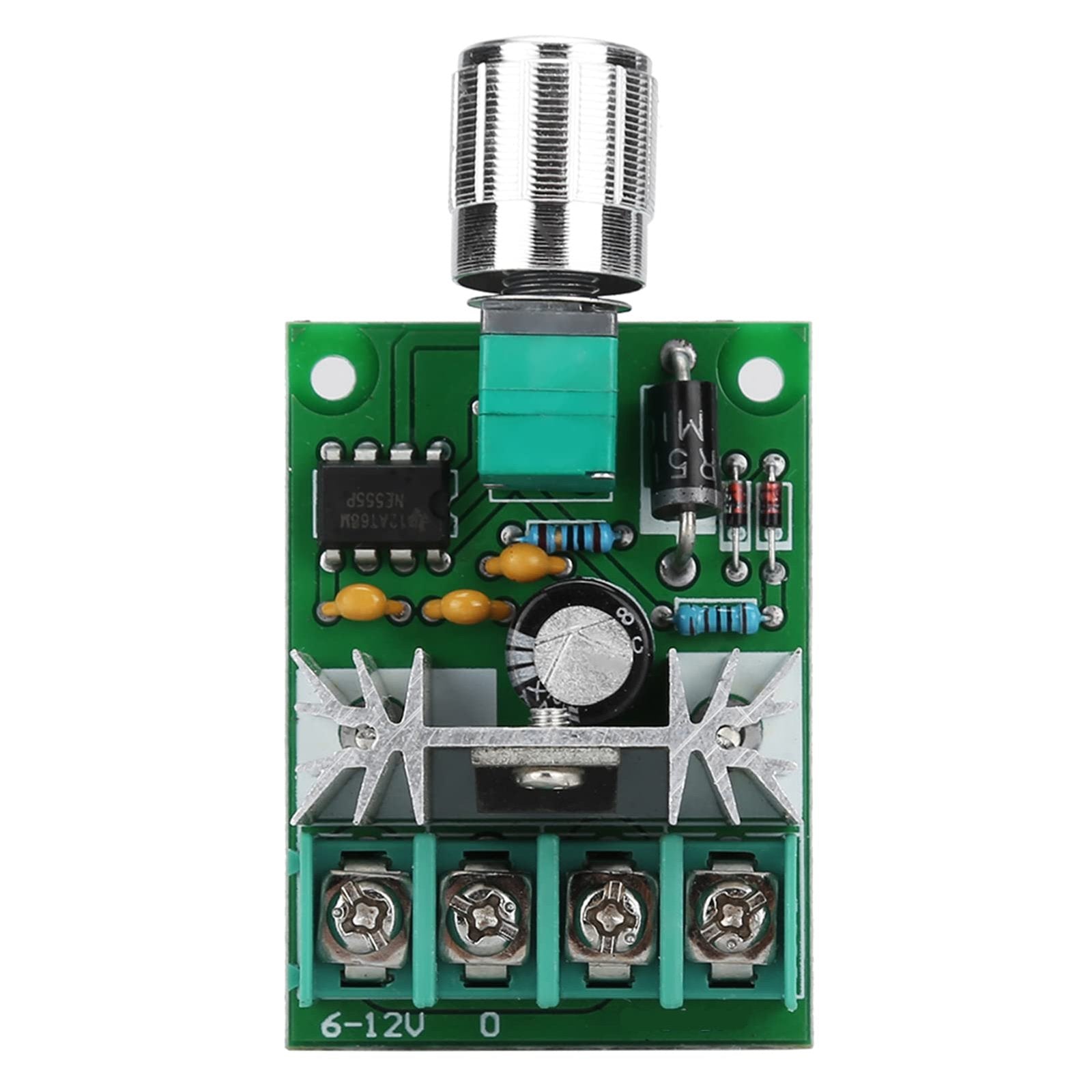 6V-12V 6A DC Motor Speed Controller PWM Regulator Module - with a green circuit board, a silver knob, a black heatsink, and four screw terminals.