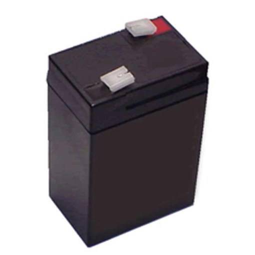 6V 4.5Ah Battery - a rectangular black lead-acid battery with two metal spade terminals on the top, one marked with a red square.