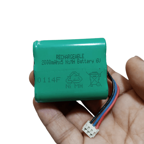 6V Battery 2000mAh Ni-MH Battery Pack Size AA Rechargeable - a green cylindrical battery pack with a three-pin white connector held in a hand.
