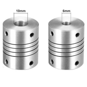 6x10mm Flexible Coupling Shaft - two silver cylindrical metal couplings with grooved bodies, set screws, and 10mm and 6mm bore labels.