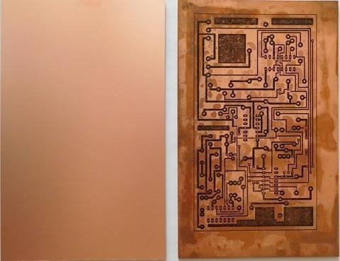 6x4 Inch One Sided Bakelite Copper Sheet One Sided Clad Plate Laminate PCB Board - a blank copper sheet next to one with a printed circuit pattern.