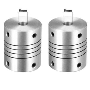 6x6mm Flexible Coupling Shaft - two identical silver cylindrical metal couplings with 6mm center holes and side set screws.
