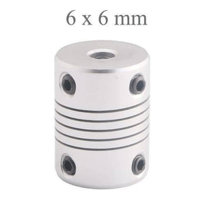 6x6mm Flexible Coupling Shaft - a silver cylindrical metal connector with four black set screws and a flexible grooved center section.