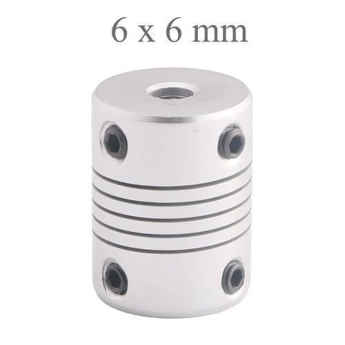 6x6mm Flexible Coupling Shaft - a silver cylindrical metal connector with four black set screws and a flexible grooved center section.