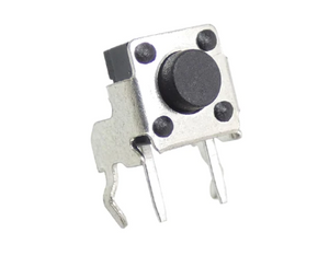 6x6x1.6mm Right Angle PCB Mini Momentary Tactile Push Button Switch - a square metal-cased component with a black circular button and two pins.