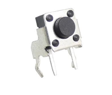 6x6x1.6mm Right Angle PCB Mini Momentary Tactile Push Button Switch - a square metal-cased component with a black circular button and two pins.