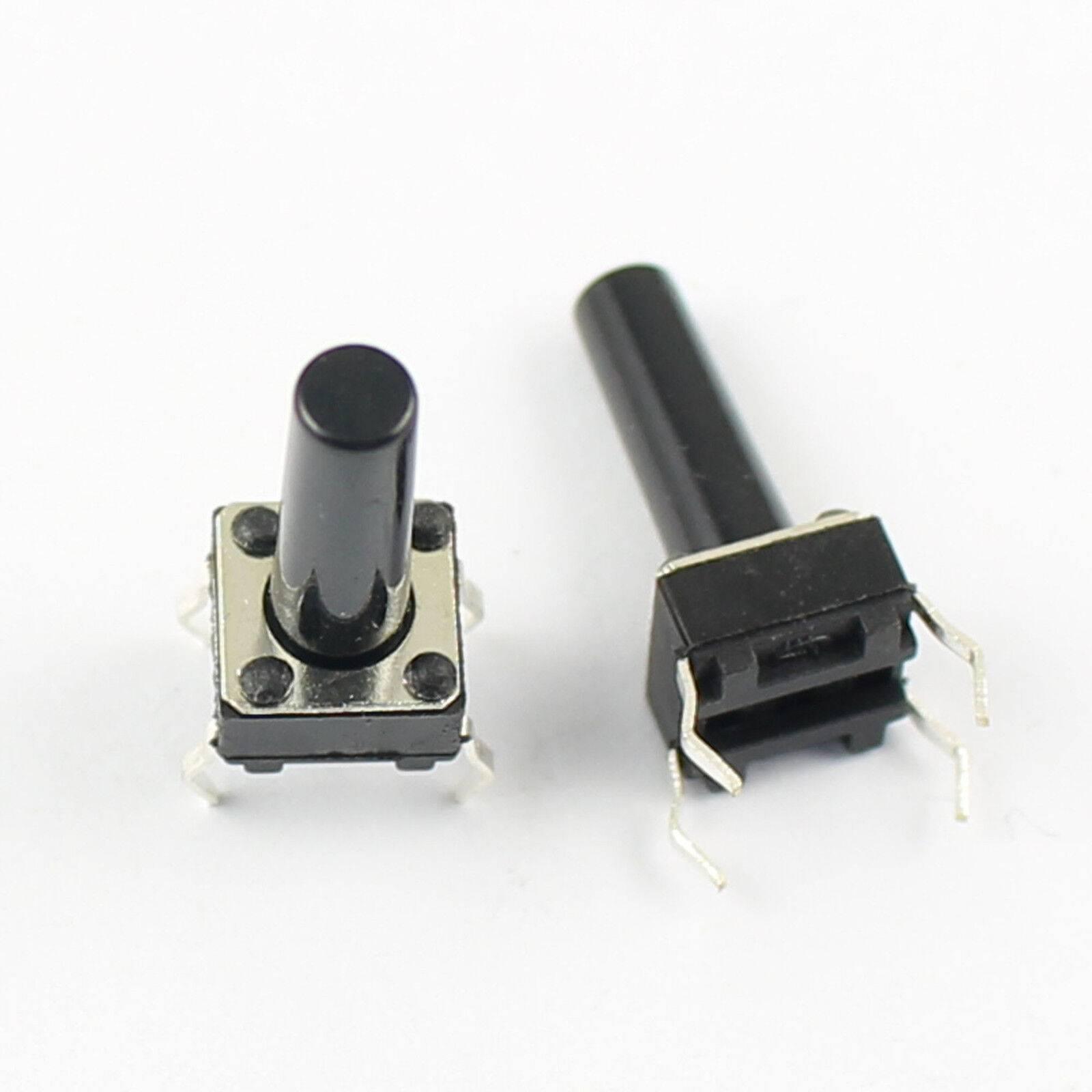 6x6x14mm Momentary Tactile Tact Push Button Switch 4 Pin DIP High 14mm - two black tactile push button switches with long stems and four metal pins.