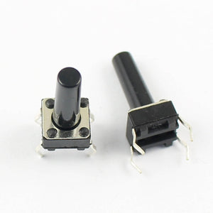 6x6x14mm Momentary Tactile Tact Push Button Switch 4 Pin DIP High 14mm - two black tactile push button switches with long stems and four metal pins.