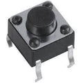 6x6x5mm 4 Pin DIP Tactile Momentary Push Button Switch - a square black component with a central round button and four metallic pins.