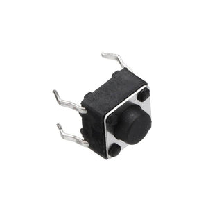 6x6x5mm 4 Pin DIP Tactile Momentary Push Button Switch - a small black square tactile switch with four metal pins and a central round push button.