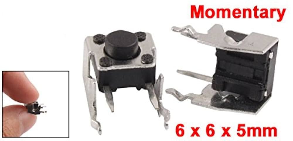 6x6x6mm Right Angle Tactile Push Button Micro Switch 2 Pin - two black and silver tactile switches shown from different angles, with one held by fingers.