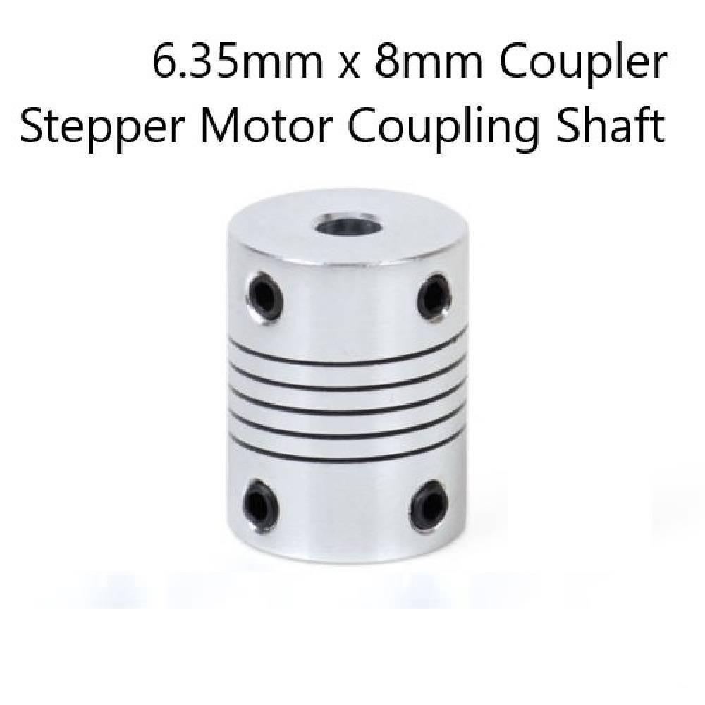 6x8 6.35mm X 8mm X 25mm Stepper Motor Flexible Coupling Shaft Coupler For NEMA 23 Motors - a cylindrical silver metal flexible coupler with four black set screws and circular grooves.